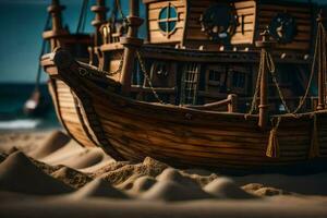 a model of a pirate ship on the beach. AI-Generated photo