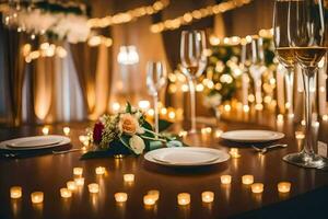 a table with candles and plates. AI-Generated photo