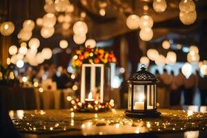 a table with candles and a lantern on it. AI-Generated photo