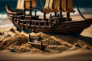 a model of a pirate ship on the beach. AI-Generated photo