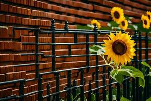 sunflowers are growing on a fence near a brick wall. AI-Generated photo