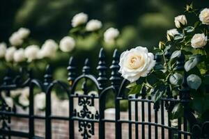 white roses are growing on a black wrought fence. AI-Generated photo