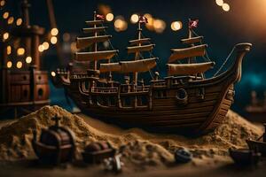 a model of a pirate ship in the sand. AI-Generated photo