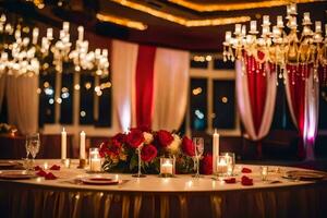 a table with red and white flowers and candles. AI-Generated photo