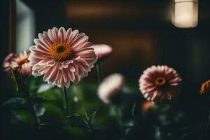 pink flowers in a vase with a light in the background. AI-Generated photo