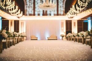 a wedding ceremony with white lights and chandeliers. AI-Generated photo
