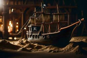 a pirate ship is sitting in the sand. AI-Generated photo