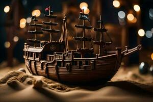 a model of a pirate ship on sand. AI-Generated photo