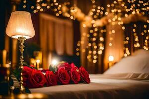 a bed with red roses and candles. AI-Generated photo