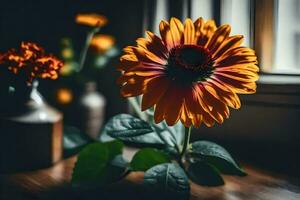 a flower sits in front of a window. AI-Generated photo