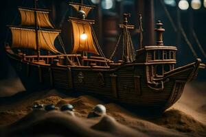 a model of a pirate ship in a dark room. AI-Generated photo