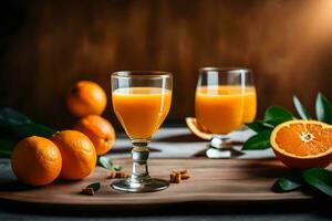 orange juice in glasses on a wooden table. AI-Generated photo