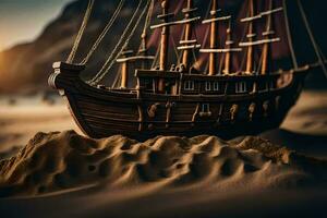 a model of a ship on the sand. AI-Generated photo