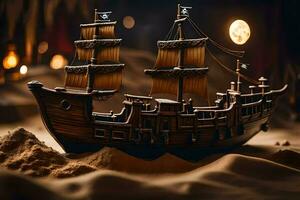 a pirate ship is sitting in the sand. AI-Generated photo