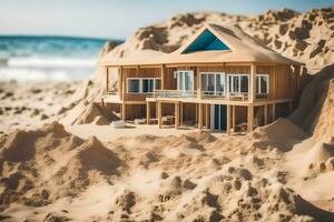 un miniatura casa en el playa con arena. generado por ai foto