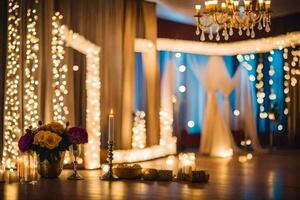 a wedding reception with candles and lights. AI-Generated photo