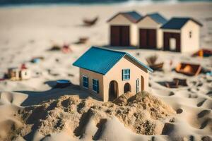 a miniature house on the beach with sand. AI-Generated photo