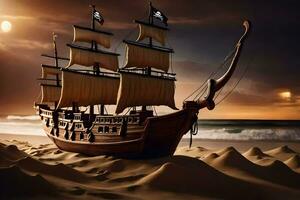 a pirate ship on the beach at sunset. AI-Generated photo