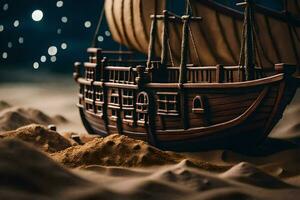 a model of a ship in the sand. AI-Generated photo