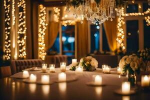 a table with candles and flowers in front of a window. AI-Generated photo