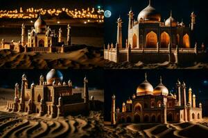 four different images of a mosque in the desert. AI-Generated photo