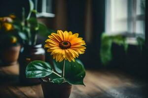 a yellow flower in a pot on a table. AI-Generated photo