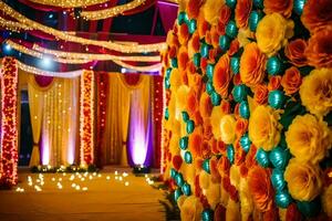 a colorful wall decorated with paper flowers and lights. AI-Generated photo