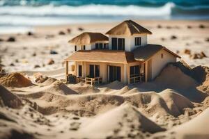 a miniature house on the beach with sand. AI-Generated photo