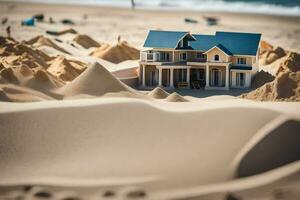 a miniature house on the beach with sand dunes. AI-Generated photo