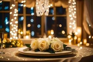 un mesa con blanco rosas y champán lentes. generado por ai foto