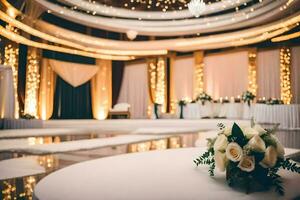 a wedding ceremony in a large room with white flowers. AI-Generated photo