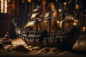 a model of a pirate ship in a dark room. AI-Generated photo