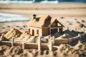 a model of a house in the sand on the beach. AI-Generated photo