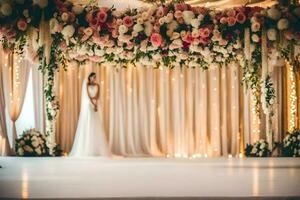 a bride standing in front of a floral arch. AI-Generated photo