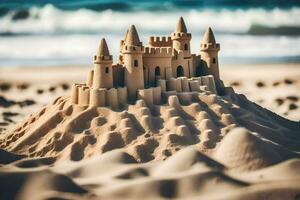 un arena castillo en el playa. generado por ai foto