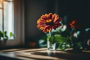 a flower sitting on a table in front of a window. AI-Generated photo