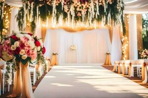 a wedding ceremony with flowers and white chairs. AI-Generated photo