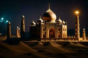 el taj mahal es iluminado arriba a noche. generado por ai foto