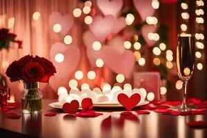 San Valentín día mesa ajuste con velas y rosas. generado por ai foto