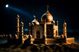 a sand castle with a moon in the background. AI-Generated photo