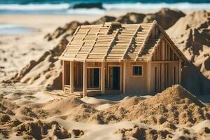 a small wooden house sits on top of sand dunes. AI-Generated photo