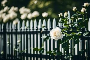 white roses are growing on a fence. AI-Generated photo