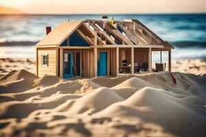 un miniatura casa en el playa con un azul puerta. generado por ai foto