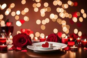 San Valentín día cena mesa con velas y rosas. generado por ai foto