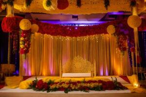 a wedding stage decorated with yellow and red flowers. AI-Generated photo