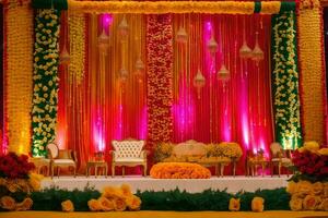 a stage decorated with yellow and orange flowers. AI-Generated photo