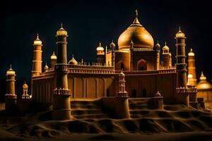 a model of a mosque lit up at night. AI-Generated photo