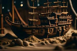 a model of a pirate ship in the sand. AI-Generated photo