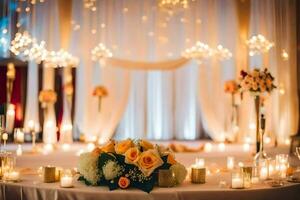 a wedding reception table with candles and flowers. AI-Generated photo