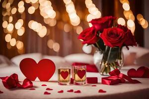 valentine's day table setting with red roses and heart shaped paper. AI-Generated photo